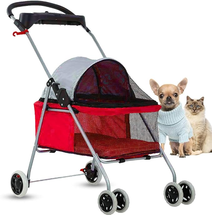 Cat Dog Stroller for Small & Medium Dogs Up to 35Lbs Kitten Doggie Cage Waterproof Foldable Travel Carrier Puppy Strolling Cart Durable 4 Wheels Large Pet Stroller Jogger with Cup Holders, Red