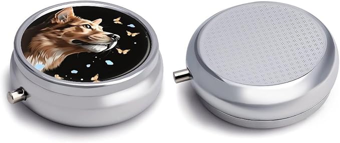 Dog and Butterfly Metal Pill Organizer with Mirror, 3-Compartment Travel Pill Box, 2-Inch Round Pocket Medicine Case with Secure Latch, Portable Vitamin Holder for Women & Men