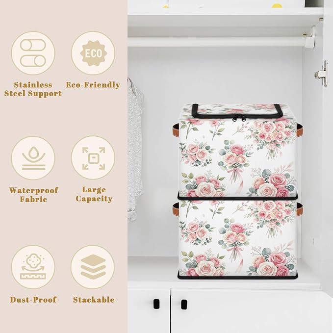 Pink Floral Flower Storage Baskets - Home Decorative Bins Collapsible Cubes with Zipper Lid, Rose Box with Handles for Living Room Bedroom Nursery Shelf Closet Office Kitchen, 24L