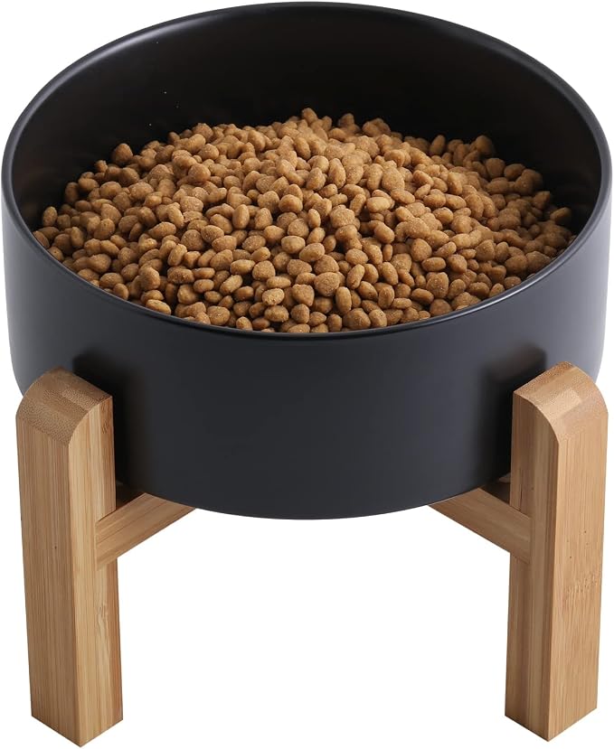 Black Elevated/Raised Dog Bowl Ceramic with Wood Stand for Small Medium Breed,Dog Food Water Dish Heavy, 6 in Non Slip Modern Cute Porcelain Pet Bowl