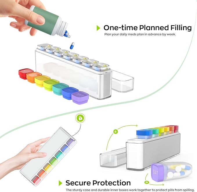 HIONXMGA Weekly Pill Organizer, Detachable 7-Color Pill Box, Easy Tracking | Portable Travel Pill Case Container for Daily Vitamin Supplement Fish Oil, Silicone-Seal, Lasting Labels, Quick Fill (White)