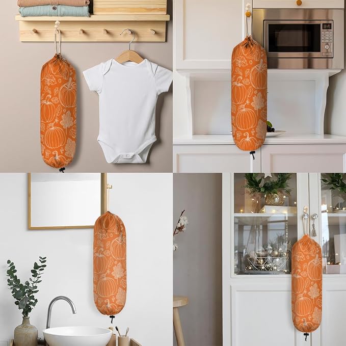 Orange Pumpkin Plastic Bag Holder Autumn Leaf Grocery Bag Storage Dispenser Washable Hanging Shopping Bags Carrier Reusable Wall Mount Trash Bag Organizer for Kitchen Pantry