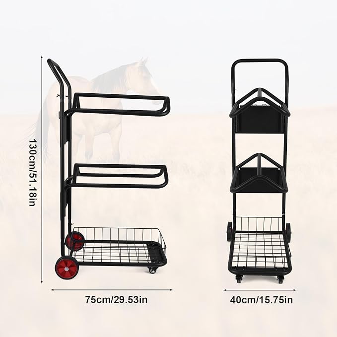 Horse Saddle Cart with Storage Basket 3 Tier Rolling Heavy | Heavy Duty Organizer for Stable Barn Tack Room Moving Transport Supplies