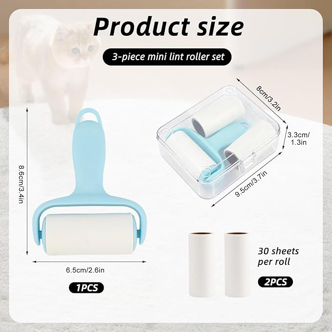Blue Mini Lint Roller Travel Size,Reusable Lint Brush,Dog Cat Hair Remover with Ergonomic Handle and 3 Refills (90 Sheets)