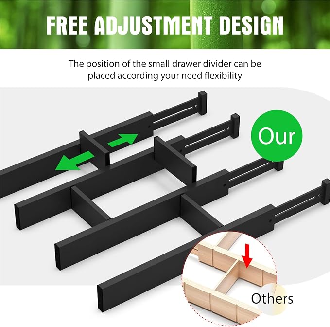 10pack Bamboo Drawer Dividers, Expandable Drawer Separators Splitter, 17-22 inches Adjustable Spring-loaded Organizer for Large Utensil, Clothes, Tools Drawers(Black)