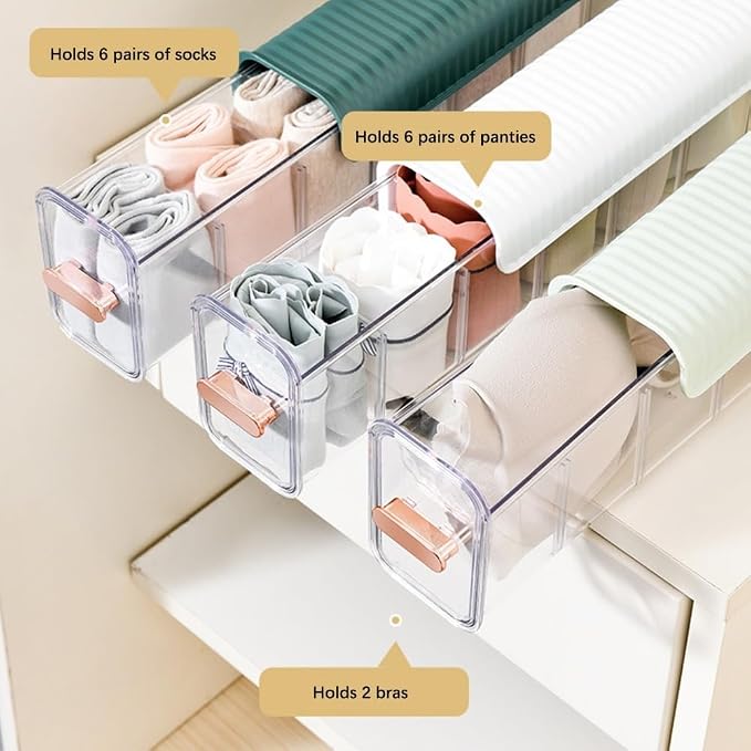 Sock Organizer Gold Plated Handle Transparent Design Adjustable Compartment Space Saving Wall Hang Underwear Cabinet Storage Box(Dark Green)