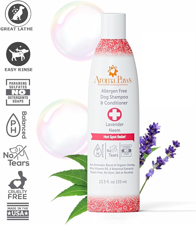 Dog Shampoo and Conditioner - Tearless Shampoo for Cleansing, Grooming, and Conditioning - Hot Spot Treatment Shampoo for Dogs and Puppies - Lavender and Neem 13.5 oz