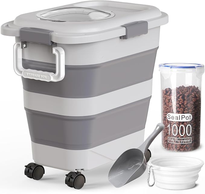 Collapsible Dog Food Container for 10-25 lbs, Airtight Storage Bin | Magnetic Clear Lid with Scoop & Wheels, Space-Saving Design for Dog & Cat Kibble, Rice, Flour,Grey