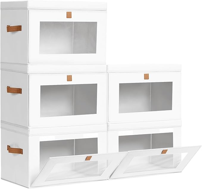 Large Closet Storage Bins - Collapsible Clothes Organizer with Handles & Window, Decorative Boxes with Lids, Linen Closet Organizers for Living Room, Dorm, 5 Pack, White