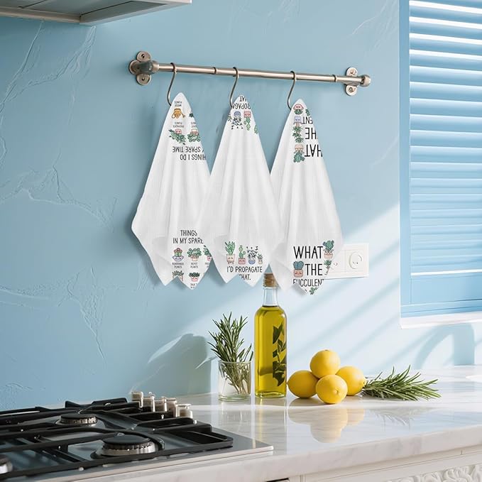 Hanamiya Na 3 Pcs Funny Kitchen Towels, Plant Lover Gifts for Women Mom, Succulent Cactus Plant Gifts Dish Towel, Leaves Waffle Weave Hand Tea Towels for Kitchen Home Farmhouse Decor-24x14 Inch