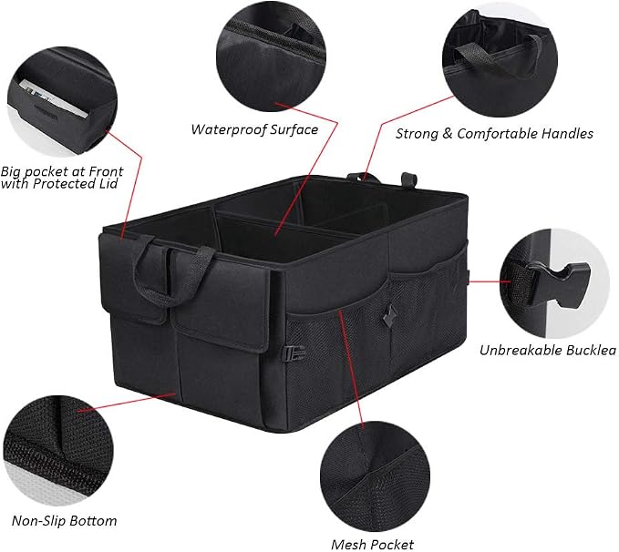 JiatuA Car Trunk Organizer for SUV Collapsible Car Storage Organizers Black | 8 Pocket Waterproof Dust-proof Sturdy Foldable Cargo Backseat Storage Adjustable Car Accessories for Sedan More Trunk Space
