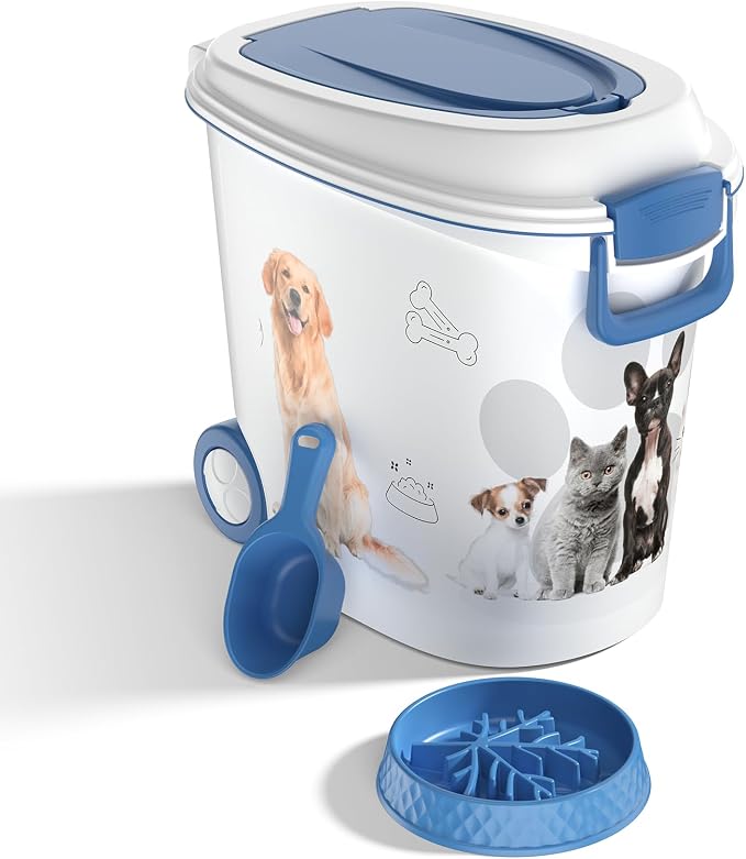DRATO Cat Food Storage Container with Removable Wheels, Extra Large Capacity Sealed Lid Design for Easy Cleaning, Multi-Purpose Pet Food Container Bowl Scoop Included.