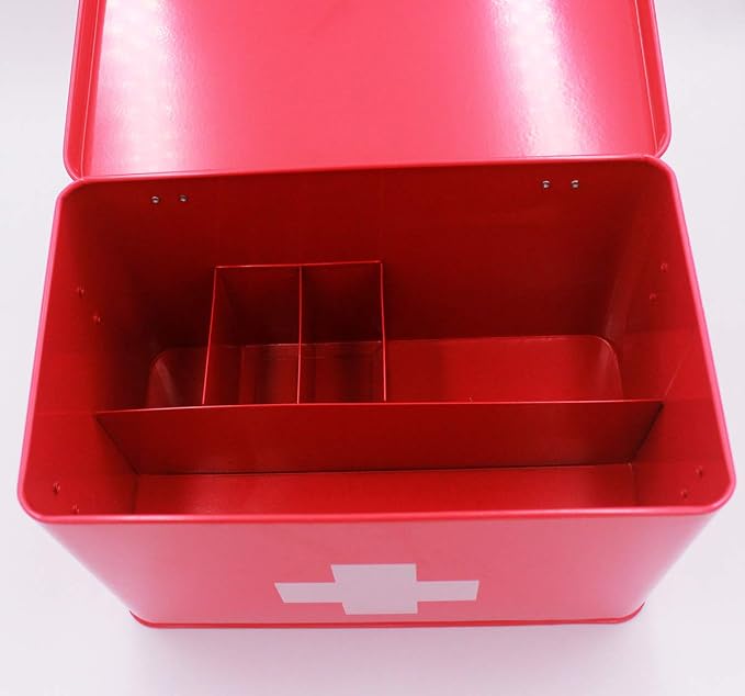 Funly mee Vintage First aid Box for Home, Medicine Tin, Red Metal Medicine Storage Box (Large 12.6× 8.3×7.7 inches)