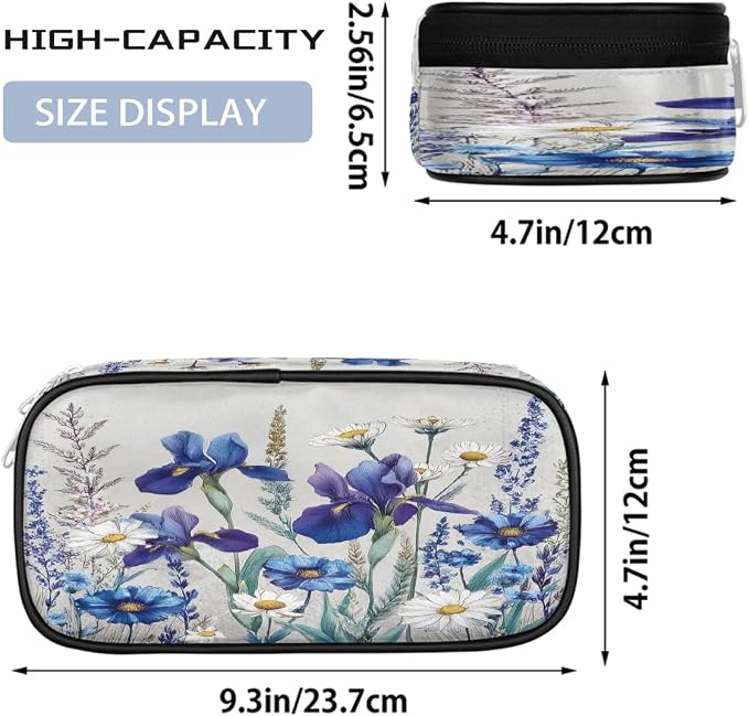 Cute Pencil Case for Girls Boys, Watercolorblue Purple Wildflowers Portable Pencil Bags Pouch Pen Case Organizer with Zipper for School College Office