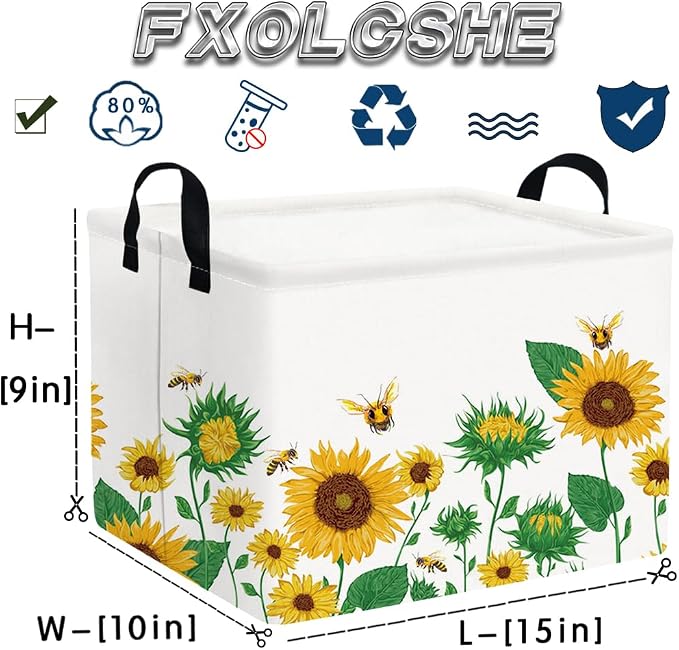 FXOLCSHE Rectangular Sunflower basket,Waterproof Canvas kids Laundry Nursery Hamper,Storage Baskets for Bedroom,Yellow Hamper,Gift Basketsr(Sunflower)