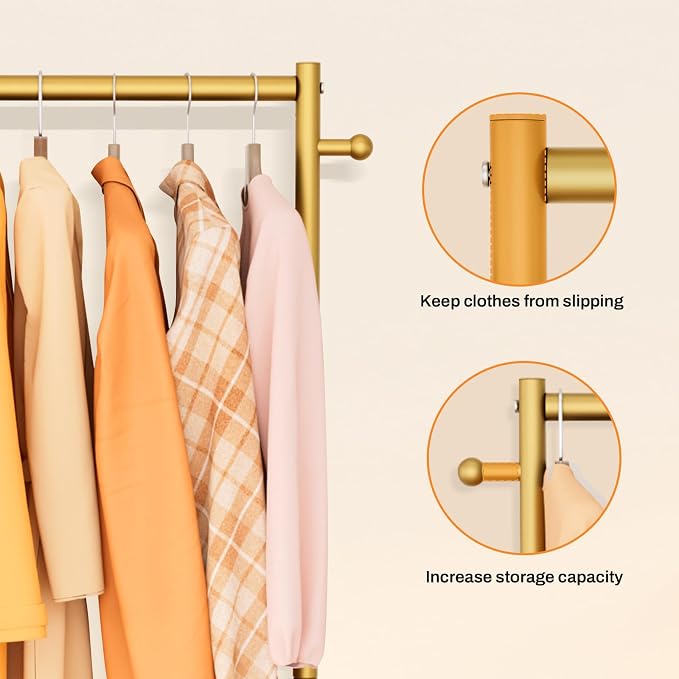 MISSLO Small Clothes Racks for Hanging Clothes Clothing Rack with Wheels 60" Garment Rack with Shelves Portable Rolling Wardrobe Rack for Small Space (Gold)