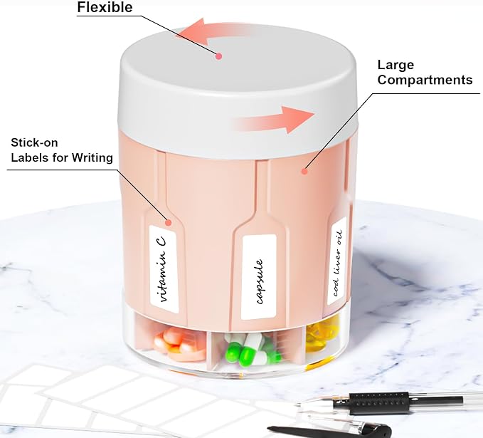 Weekly XXL Pill Organizer Bottle, Daily Pill Dispenser, Anti-Mix Design | 7 Day Portable Travel Pill Box, 21 Labels & Cleaning Brush, XXL Wide Mouth for Easy Access, Vitamin, Fish Oils, Supplement