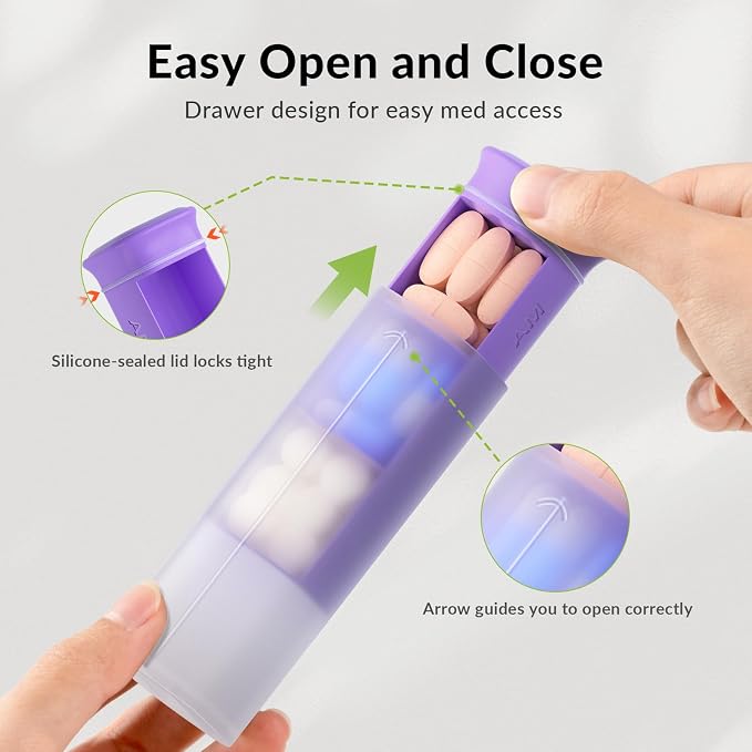 KOVIUU Weekly Pill Organizer 3X a Day, Large Daily 7-Day Pill Box, Purple | Detachable Pill Case with 3 Compartments | Travel Pill Container Holder for Vitamins, Supplements, Medications | BPA-Free