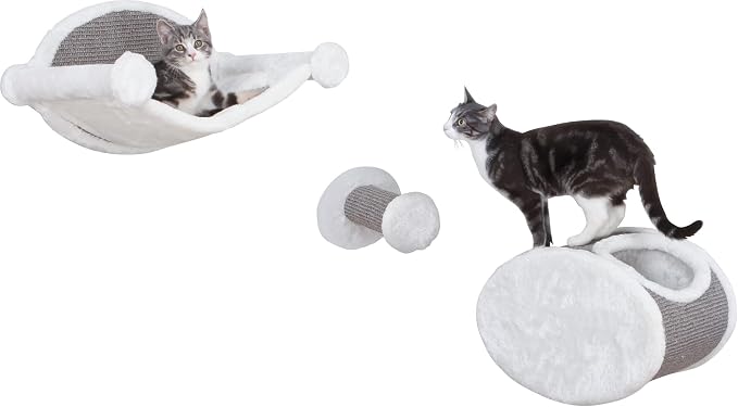 Trixie Liam Wall Mounted Cat Furniture - 3pc Cat Wall Scratcher - Climbing Shelves, Plush & Sisal Covered Condo, Hammock, and Step - Gray