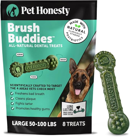 Pet Honesty Brush Buddies All Natural Dog Dental Treats for Dogs – Long Lasting Dental Sticks for Dogs, Teeth Cleaner, Breath Freshener, Plaque & Tartar Remover – Large Sized Dogs (8 Count)