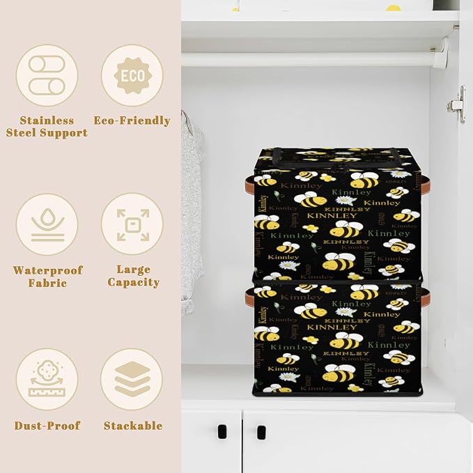 Custom Name Storage Bin with Lid Zipper, Personalized Black Rectangular Storage Basket for Organizing Boys Girls Toys Office Closet Shelf Baskets, Yellow Color Bee with Daisy