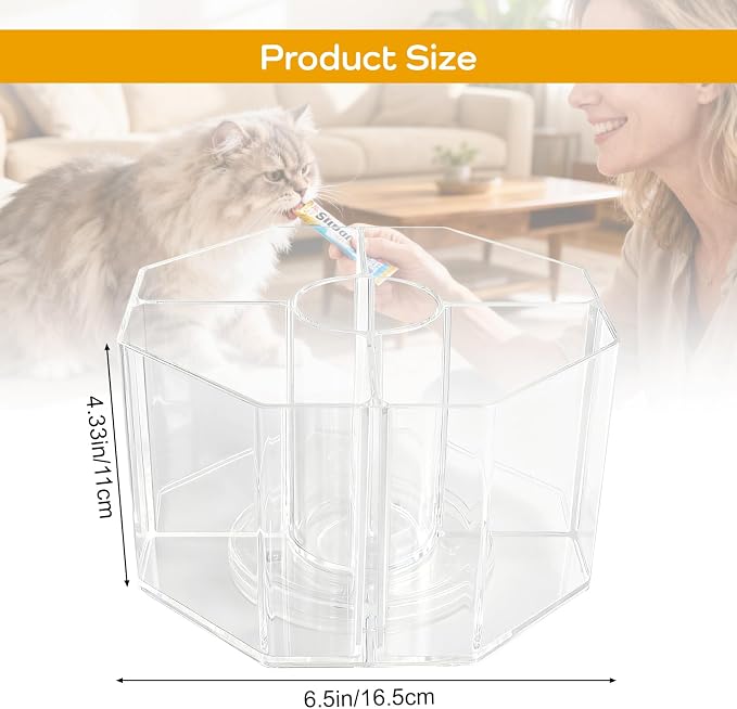 Lickable Cat Treats Organizer, Lazy susan Acrylic Squeeze Up Cat Food Storage Container, Wet Cat Treats Storage for Kitchen Cabinet Pantry Shelf Countertop(Rhombus)