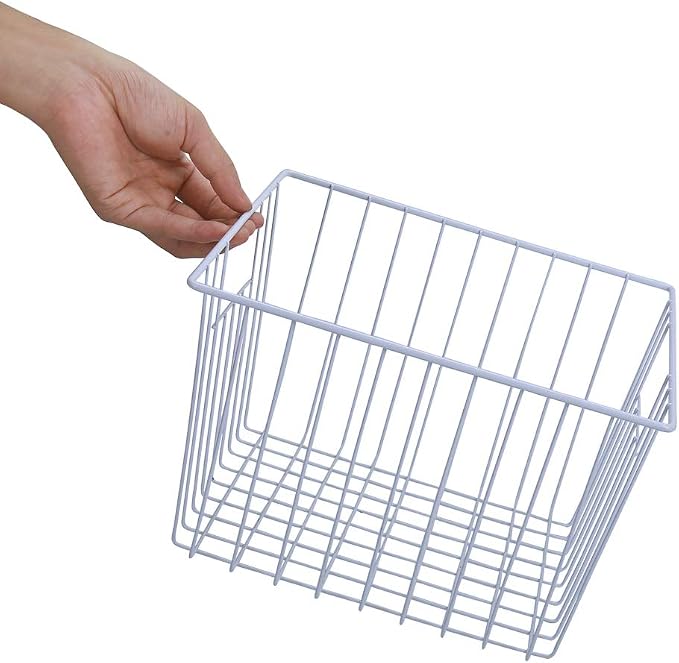 Freezer Organizer Bin, Kitchen Metal Wire Storage Basket, Pantry Cupboard Household Container Divider with Handles, Rustproof - White