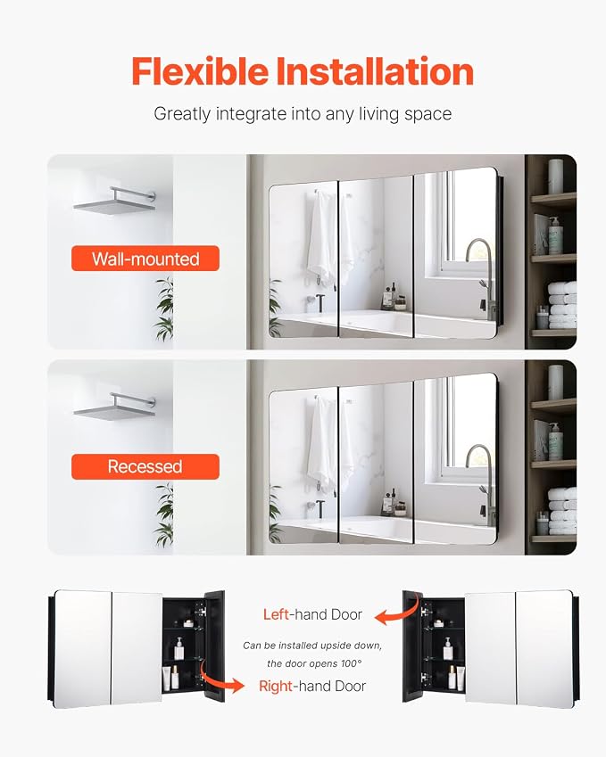 VEVOR Medicine Cabinet, 25.5 x 40 inch, Medicine Cabinet for Bathroom with Mirror, Aluminum Frame Bathroom Wall Cabinet, 4-Layer Adjustable Shelves, Recessed & Wall-Mounted Installation