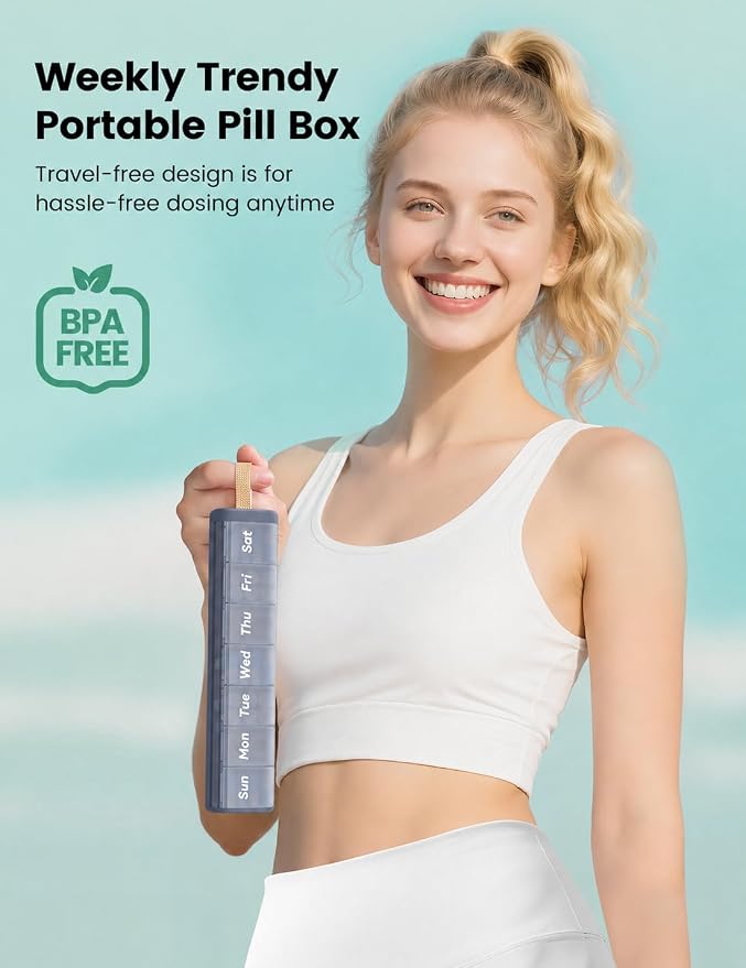 Weekly Pill Organizer, 7 Day Once Daily with Desiccant Chamber | BPA-Free, Easy Open Lids, Spill-Resistant, Compact Travel Case with Portable Handle,Indigo Blue