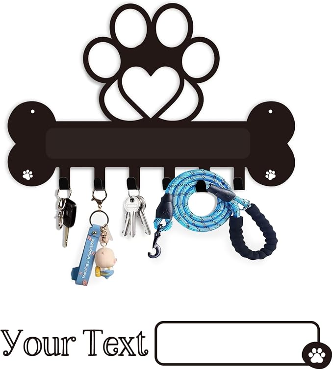 Personalized Wall Mount Dog Leash Holder, Organizer with Bone & Paw Design, Unique Metal Key Holder, Dog Decor Gift