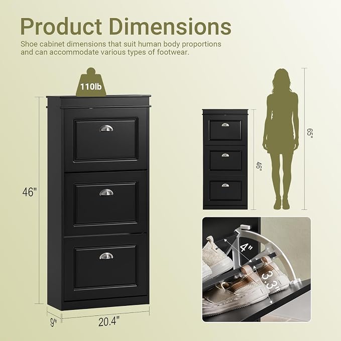Haotian Shoe Cabinet with 3 Flip Drawers | Freestanding Shoe Rack for Entryway, Shoe Organizer with Hidden Drawer, Black, FSR94-SCH