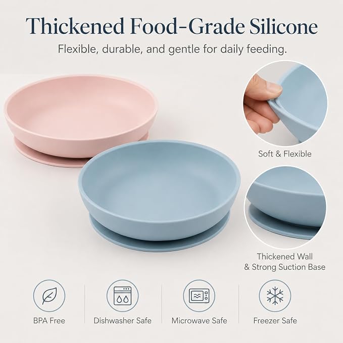 Meow&Woof 2 Pack Silicone Cat Food Bowls with Suction Base, Whisker-Friendly Shallow Cat Bowls for Wet Food, Non-Slip Pet Feeding Dishes for Cats, Small Dogs, Puppies and Kittens, 7.8", Pink & Blue