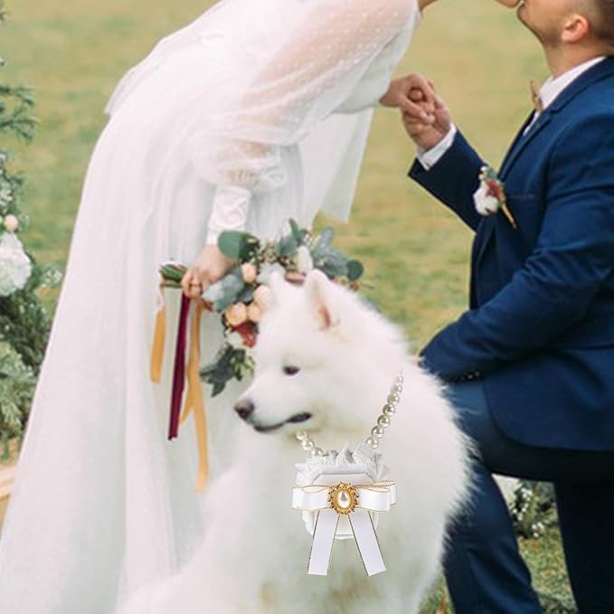 UKCOCO Dog Ring Bearer Collar with Box – 11.8" Pearl Ring Holder, Velvet-Lined Secure Clasp, Lace & Pearl Wedding Prop for Small Dogs & Cats