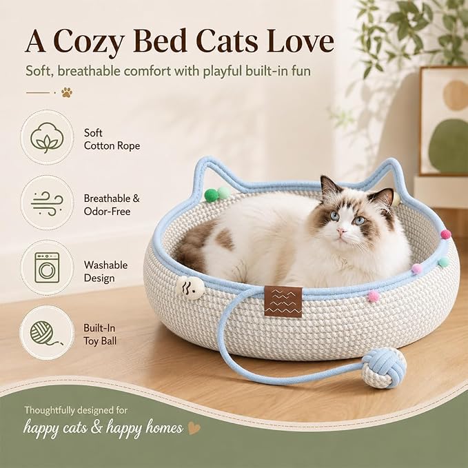 Cat Basket Bed with Cushion and Hanging Ball Toy, Handwoven Cotton Rope Cat Bed Basket, Boho Nesting Pet Bed for Kittens Puppies Scratchable Woven Cat Nest Lounger Sleeping & Playing，C：Large