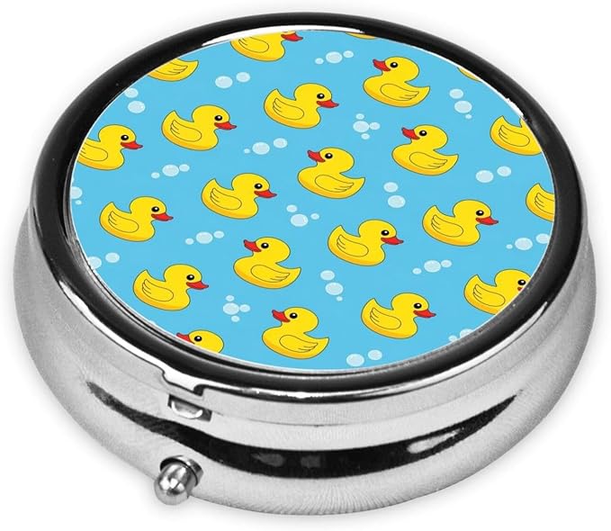 Compact Pill Case, Metal Round Holder for Supplements, Purse Pocket Organizer Travel Essential, Yellow Rubber Ducks Soap Bubbles Blue