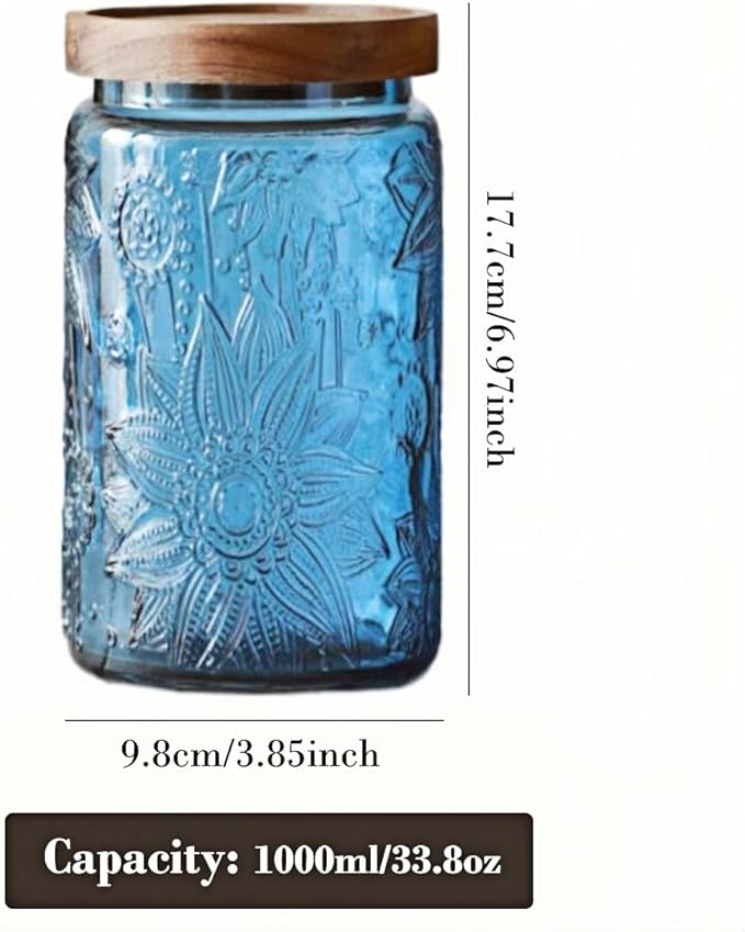 34 FL OZ Blue Sunflower Glass Jar, Vintage Airtight Canister with Wood Lid | Coffee Beans, Tea Bags, Sugar, Cereal, Cookies, Nuts, Jam, Pet Treats, Pantry Organization, Countertop Decor, Bath Supplies