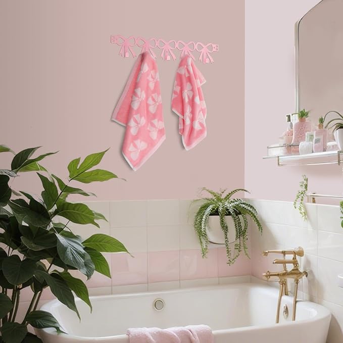 AceOrbit Pink Bow Over The Door Hooks Hanger 5 Hooks Coquettish Decor | Kawaii Bow Style for Bedroom Bathroom, Organizes Towels Hats Clothes, Farmhouse Decor, Over the Door for Kids Girls