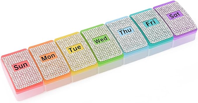 Diamond Weekly Pill Organizer Arthritis Friendly, BPA Free Travel 7 Day Pill Box Case and Large Compartment to Hold Vitamins, Cod Liver Oil, Supplements and Medication (Multicolor)