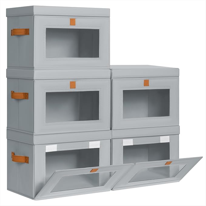 Medium Fabric Storage bins - Collapsible Storage Bins with Open Window, 5 Pack Closet Baskets for Shelves, Stackable Decorative Boxes for Home, Dorm, Grey, 13.7"x 9.8" x 9.8"