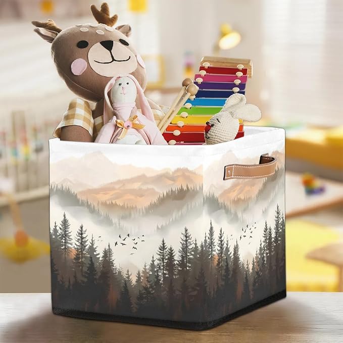 Forest with Mountain Cube Storage Bin, 13 Inch Collapsible Fabric Storage Cubes Bin, Foldable Cube Baskets for Shelf, Closet, Organizer