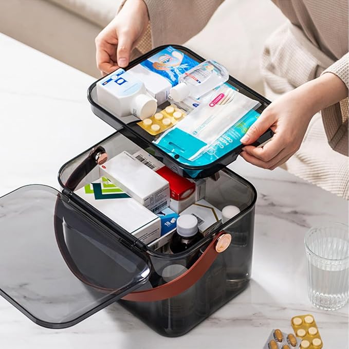 Garneck Large Dual Layer Medicine Organizer Box with Safety Lock | Home Desktop Storage, Easy Replenishment and Sorting, Pp Pet Pu Materials