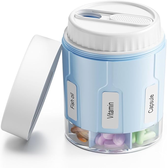 Daviky Pill Bottle Organizer, 7 Large Compartments, Travel Pill Dispenser | Seven large compartments organize daily pills, vitamins and supplements, with dual lids for convenient storage and travel