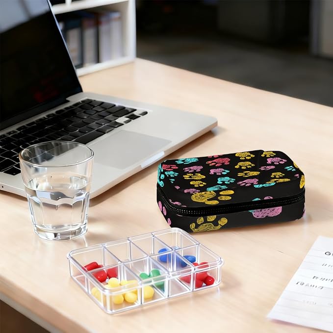 Weekly Pill Organizer Travel Size Bag with Removable 7 Day Pill Box Portable Vitamin Case Purse with Zipper,Pastel Pet Paws Black