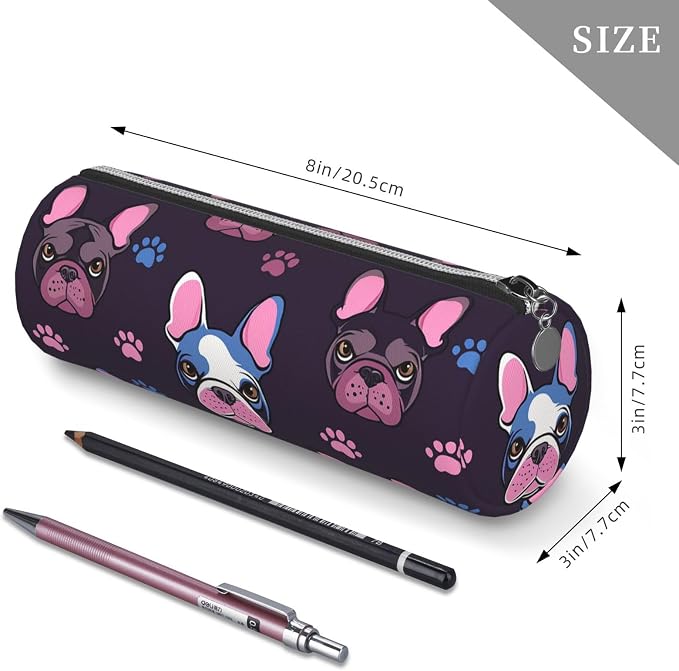 OSAM SPACE Leather Pencil Case Round Pencil Bag Cute French Bulldog Pen Organizer Holder Portable Zipper Pouch Cute School Supplies for Girls Boys Study Office