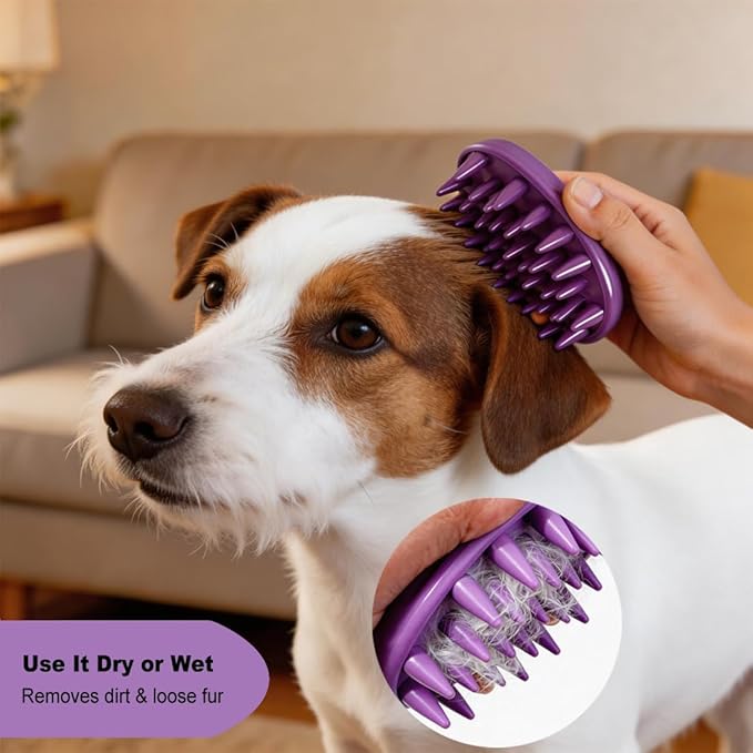 Silicone Dog Brush, Rubber Curry Brush with Long Pins for Short & Long Hair Dogs, Curry Comb Use Wet as Pet Bath Brush or Dry for Grooming Loose Hair