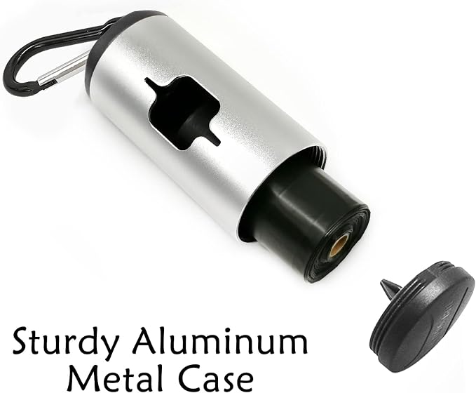YUCHIYA Aluminum Dog Poop Bags Holder with Carabiner Metal Pet Waste Bags Dispenser with Hook and Loop Fastener and Elastic Cord to Carry Used Bags (Silver, 1 Holder 15 Bags)