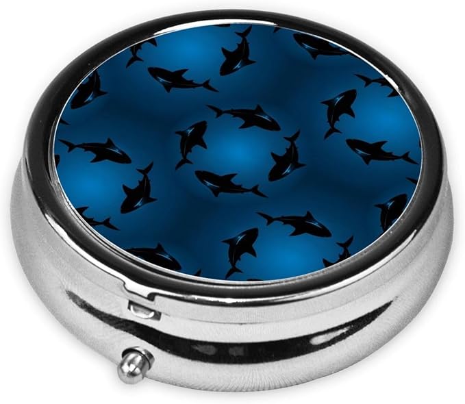Compact Pill Holder, Ocean Blue Sea Floating Sharks Round Mini Dispenser, Travel Organizer Case for Medicine, Purse Pocket Box for Outdoor Enthusiasts