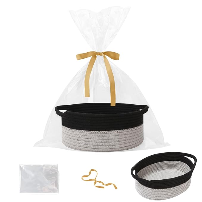 Woven Rope Basket - Baby Gift Basket with Bag & Ribbon, Black&Grey | Cotton rope with handle, 12 x 8 x 5 in, gift bag and ribbon, for baby shower, birthday, toy storage, nursery, shelf decor