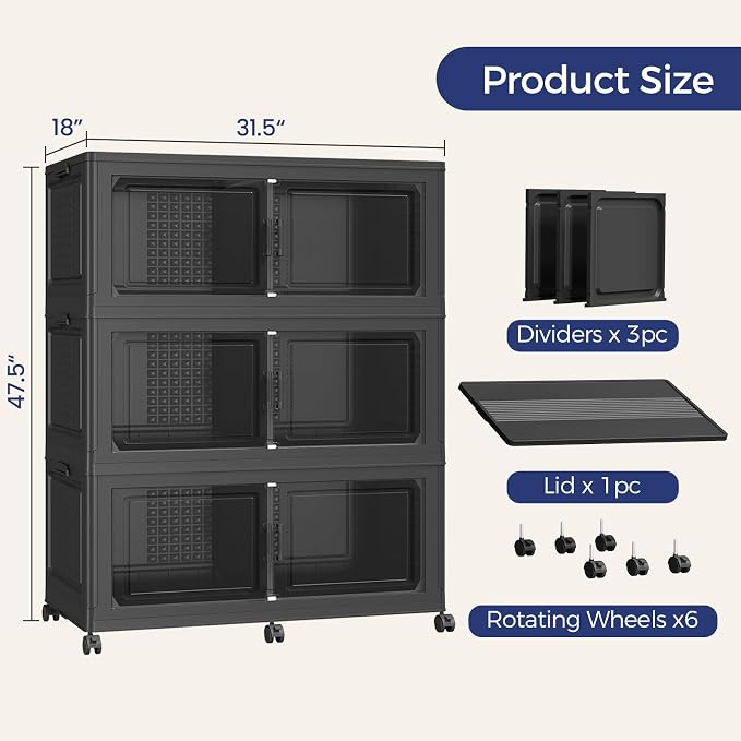 150Gal Stackable Storage Bins with Lid 3-Tier Collapsible Cabinet Closet Organizer Box with Wheels, 600QT Large Plastic Drawer Container with Doors for Clothes Kitchen Organizing, Black