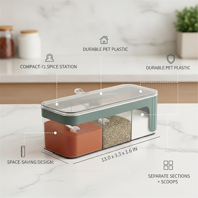Fits Kitchen Countertops: 4-Section Spice Organizer, Durable PET Plastic Seasoning Caddy for Salt, Pepper, and Dry Herbs, Compact 13-Inch Storage Box